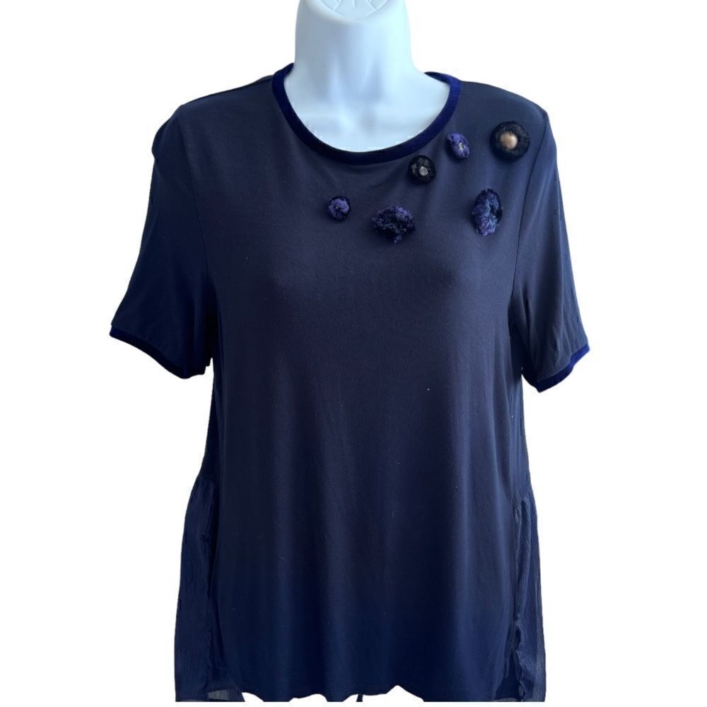TAHARI Navy Blue Short Sleeves Blouse Size S.
